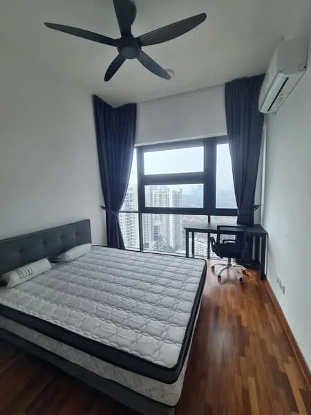 Bedroom features: queen-size bed, upholstered headboard, wooden flooring, floor-to-ceiling windows, blackout curtains, 1 wall-mounted split AC, 5-blade ceiling fan, study desk, office chair, city view; style: modern; view: city.