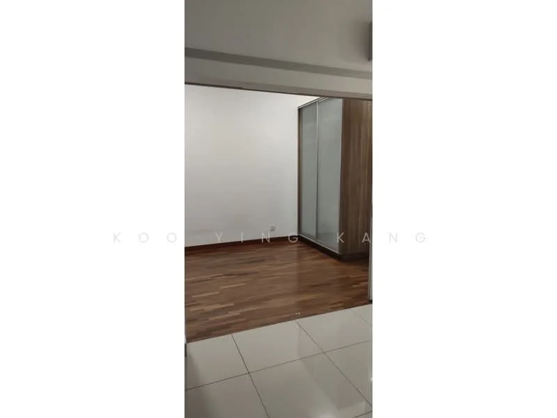 Room features: wooden flooring, white painted walls, glass sliding door, built-in wardrobe, recessed lighting, neutral color scheme, open layout, natural light from adjacent room; style: modern.