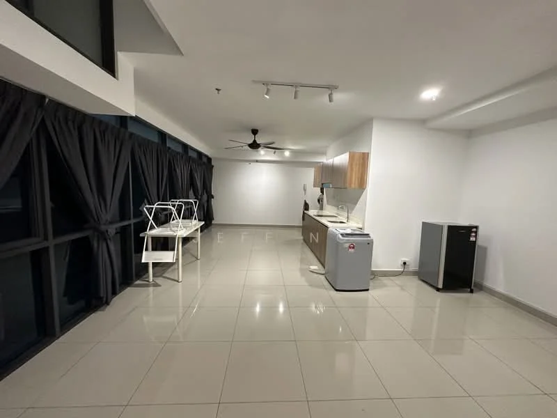 Living features: grey tiled flooring, white painted walls, ceiling fan, recessed downlights, floor-to-ceiling windows, blackout curtains, kitchen cabinetry with wood finish, stainless-steel fridge, washing machine, white countertop, open layout, dining table, utility area; style: modern; view: city.