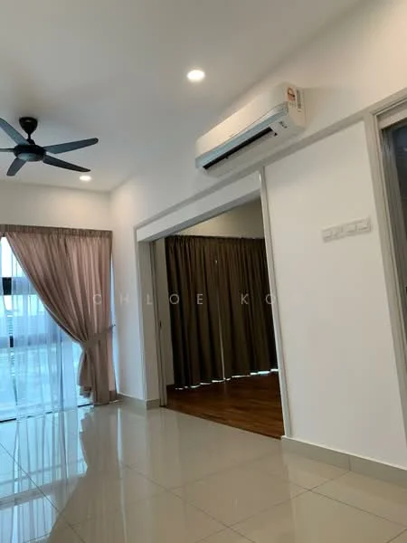 Room features: white painted walls, recessed downlights, 5-blade ceiling fan, floor-to-ceiling windows, sliding glass door, curtains in light pink, curtains in dark brown, glossy tile flooring, wall-mounted split AC; style: modern; view: city.