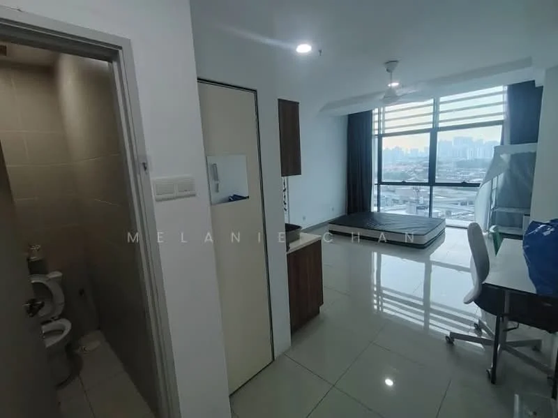 Room features: white painted walls, glossy tile flooring, floor-to-ceiling windows, city skyline view, built-in wardrobe, queen-size bed, study desk, office chair, kitchenette with cabinets, bathroom door, toilet, sink, shower area; style: modern; view: city.