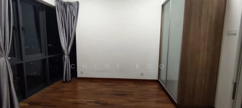 Room features: wooden flooring, white painted walls, floor-to-ceiling windows, grey curtains, built-in wardrobe with wood finish, city view, recessed lighting; style: modern; view: city.