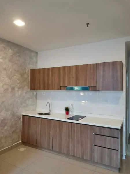 Kitchen features: wood cabinetry with brown finish, white quartz countertop, single-bowl stainless-steel sink, chrome pull-down faucet, built-in stove, tile backsplash, grey accent wall, recessed LED downlights, ceramic tile flooring; style: modern.
