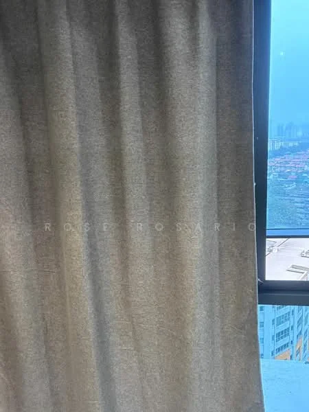 Room features: floor-to-ceiling windows, grey curtains, city view; view: city.