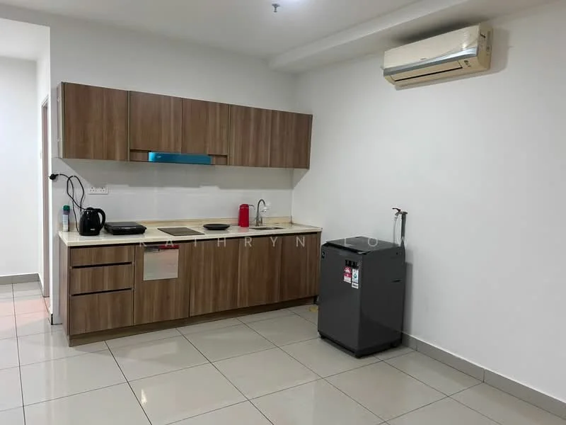 Kitchen features: brown wooden cabinetry, white countertop, single-bowl stainless-steel sink, chrome pull-down faucet, built-in electric stove, black kettle, red water bottle, stainless-steel fridge, wall-mounted split AC, grey tiled flooring, white painted walls; style: modern.