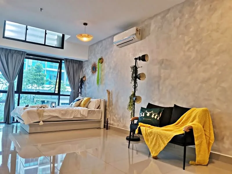 Bedroom features: king-size bed with white bedding, grey accent wall, floor-to-ceiling windows, sheer curtains, marble tile flooring, 5-blade ceiling fan with light, black armchair, yellow throw blanket, decorative wall hangings, potted plants, side table, decorative lamp; style: modern; view: garden.