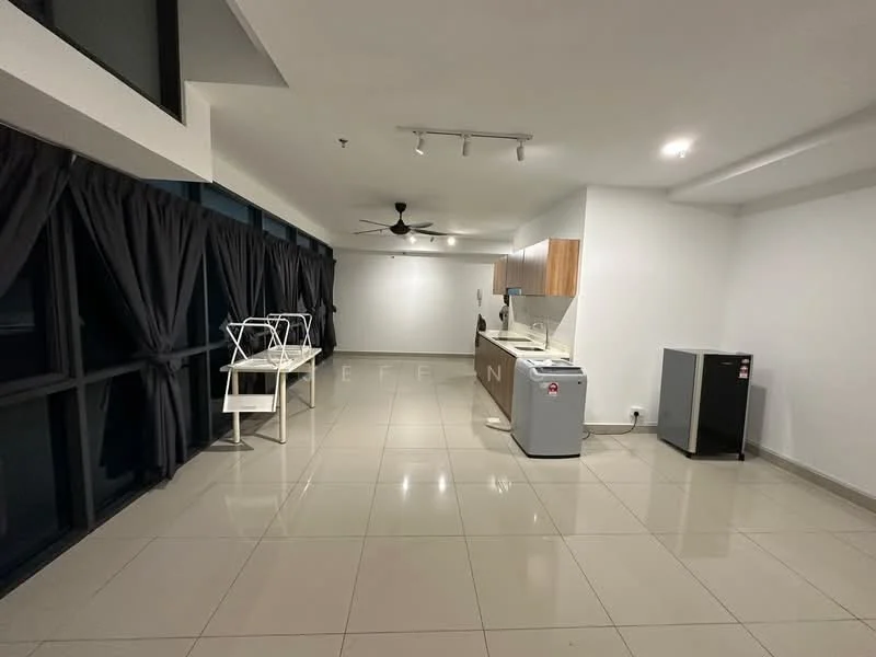 Living features: grey tiled flooring, white painted walls, ceiling fan, floor-to-ceiling windows, blackout curtains, kitchen cabinetry with wood finish, stainless-steel fridge, washing machine, utility table, open layout; style: modern; view: city.