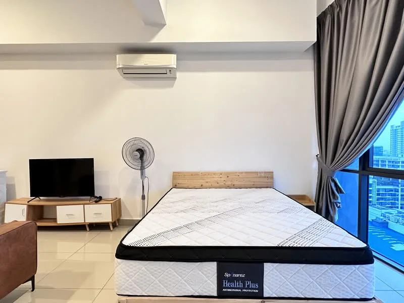 Bedroom features: queen-size bed, wooden bed frame, white mattress, wall-mounted split AC, ceiling fan, TV console, wall-mounted TV, curtains, floor-to-ceiling windows, tile flooring, decorative wall, light-colored walls; style: modern; view: city.