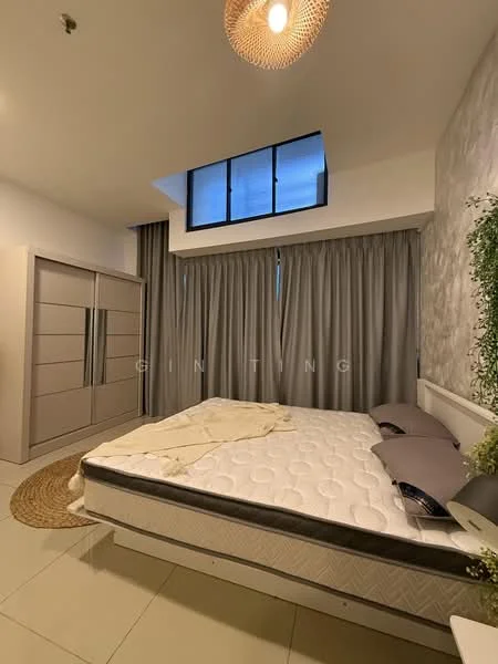 Bedroom features: queen-size bed, upholstered headboard, built-in wardrobe with sliding doors, floor-to-ceiling window, grey curtains, decorative wall with plant, area rug, white painted walls, tile flooring, ceiling light fixture; style: modern.