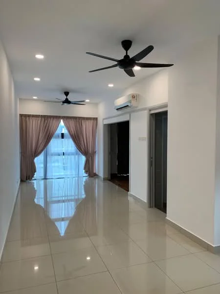 Room features: white painted walls, glossy ceramic tile flooring, 2 ceiling fans, recessed downlights, floor-to-ceiling windows with sheer curtains, air conditioning unit, curtains in light pink, doorway leading to another room; style: modern.