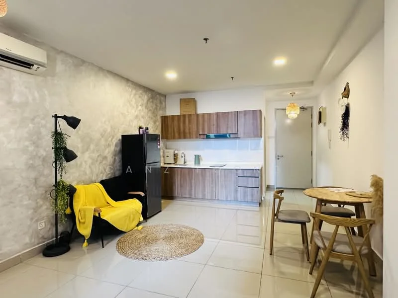Living features: grey accent wall, white painted walls, glossy tile flooring, black fridge, white kitchen cabinets, wooden countertop, stainless-steel sink, chrome pull-down faucet, 2-seater black sofa, yellow throw blanket, round area rug, wooden dining table with 2 chairs, wall-mounted air conditioning unit, pendant light fixture; style: modern.