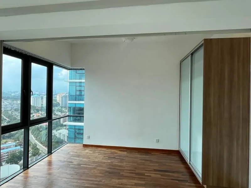 Room features: large floor-to-ceiling windows, wooden flooring, white painted walls, corner room with city view, built-in wardrobe with wood finish, recessed ceiling lights, open layout, natural light from windows; style: modern; view: city.