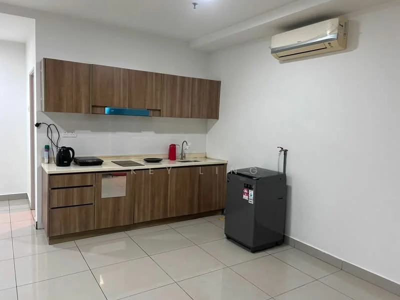 Kitchen features: brown wooden cabinetry, white countertop, single-bowl stainless-steel sink, chrome pull-down faucet, built-in stove, kettle, refrigerator, wall-mounted split AC, grey tiled flooring, white painted walls; style: modern.