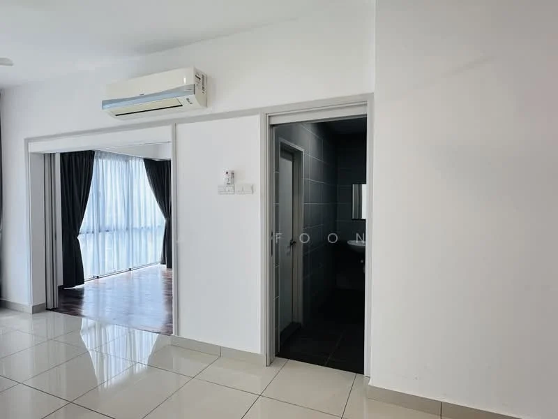 Room features: white painted walls, glossy tile flooring, 1 wall-mounted split AC, floor-to-ceiling windows with sheer curtains, dark curtains, doorway leading to another room, doorway leading to bathroom, neutral color scheme; style: modern.