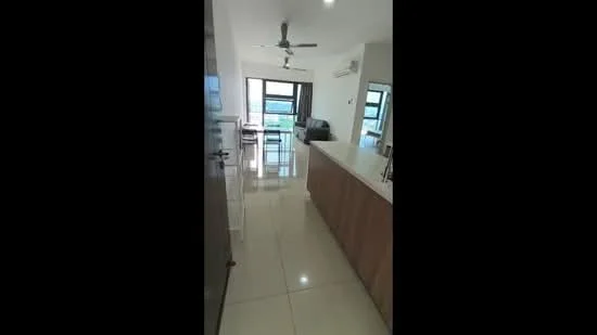 Room features: glossy tile flooring, white painted walls, ceiling fan, wall-mounted split AC, large windows, kitchen island with cabinetry, open layout, dining area visible, living area visible; style: modern; view: garden.