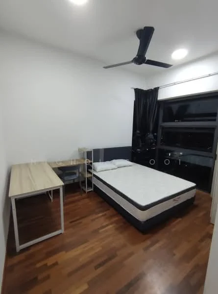 Bedroom features: queen-size bed, wooden flooring, white painted walls, black curtains, ceiling fan, desk with metal legs, chair, large window, nightstand; style: modern.
