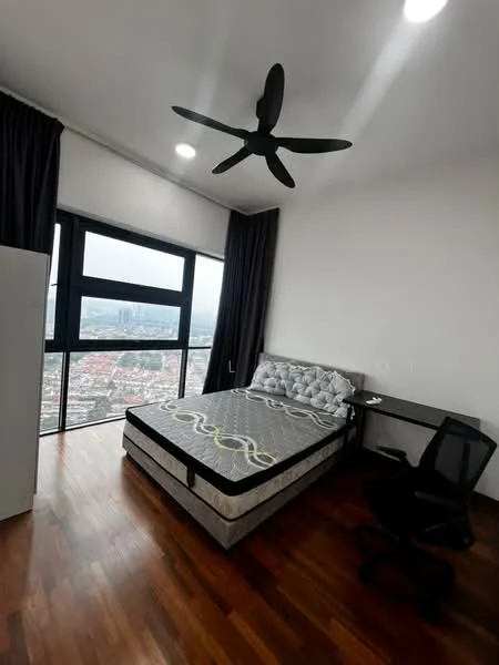 Bedroom features: king-size bed, upholstered headboard, black ceiling fan with light, floor-to-ceiling windows, dark curtains, wooden flooring, study desk, office chair, city view; style: modern; view: city.