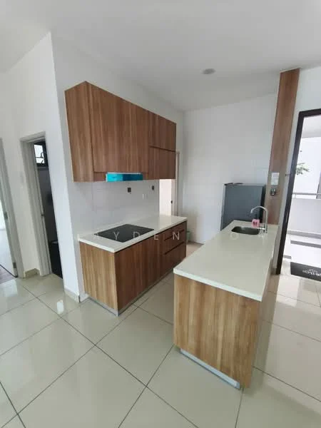 Kitchen features: wood cabinetry, white quartz countertop, single-bowl stainless-steel sink, chrome pull-down faucet, built-in refrigerator, ceramic tile flooring, white painted walls, recessed downlights; style: modern.