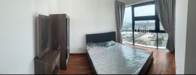 Bedroom features: queen-size bed, wooden flooring, floor-to-ceiling windows, curtains, wooden wardrobe, bedside table, decorative wall, city view; style: modern; view: city.