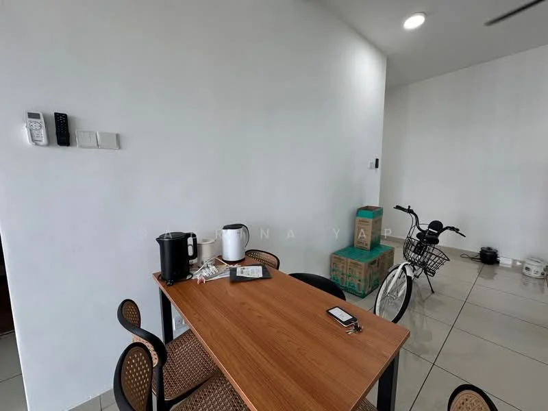 Room features: white painted walls, glossy tile flooring, wooden dining table, 4 black dining chairs, kettle, white electric rice cooker, bicycle, wall-mounted intercom, wall-mounted light switch, floor-to-ceiling windows, recessed ceiling lights; style: modern.