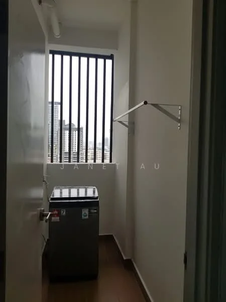 Laundry features: washing machine, window with vertical bars, light-colored walls, wooden flooring, metal drying rack, city view, door leading to hallway; view: city.