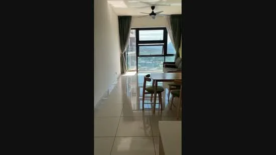 Living features: large floor-to-ceiling windows, white painted walls, glossy ceramic tile flooring, 5-blade ceiling fan, green curtains, dining table with chairs, sofa, city view; style: modern; view: city.