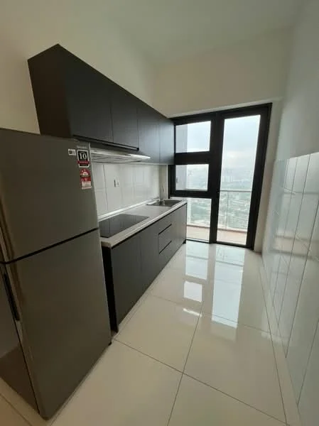 Kitchen features: grey cabinetry, stainless-steel fridge, single-bowl stainless-steel sink, chrome pull-down faucet, grey quartz countertop, white tiled backsplash, white tiled walls, polished ceramic tile flooring, floor-to-ceiling windows, city view; style: modern; view: city.