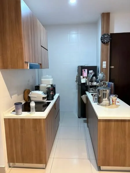 Kitchen features: wood cabinetry, white countertop, stainless-steel fridge, built-in microwave, rice cooker, kettle, toaster, dishwasher, ceramic tile flooring, white tiled walls, wall clock, under-cabinet lighting, open shelving; style: modern.