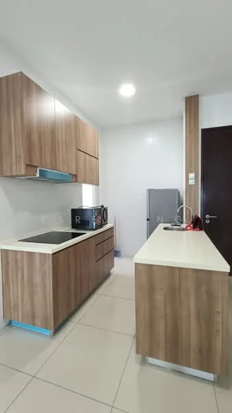 Kitchen features: wood cabinetry in light brown, white countertop, stainless-steel sink, built-in stove, microwave, refrigerator, ceramic tile flooring, recessed downlights, wall-mounted cabinets, open shelving, modern faucet, kitchen island with seating; style: modern.