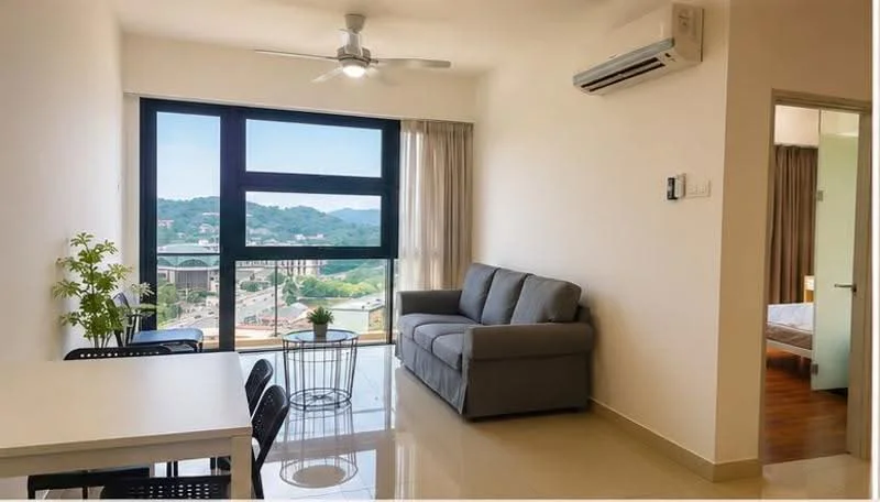 Living features: 3-seater fabric sofa in grey, coffee table, floor-to-ceiling windows, curtains, ceiling fan with light, wall-mounted split AC, decorative plant in ceramic pot, dining table with chairs, glossy tile flooring, neutral painted walls; style: modern; view: mountain.