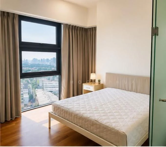 Bedroom features: queen-size bed, wooden bed frame, nightstand with lamp, floor-to-ceiling windows, city view, light brown curtains, wooden flooring, white painted walls; style: modern; view: city.