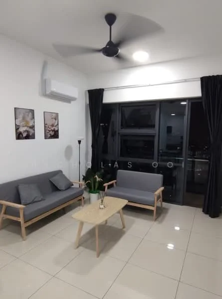 Living features: 2-seater fabric sofa in grey, 3-seater fabric sofa in grey, wooden coffee table, 5-blade ceiling fan with light, wall-mounted split AC, floor-to-ceiling windows, blackout curtains, framed artwork on walls, ceramic tile flooring, decorative plant in pot; style: modern; view: city.