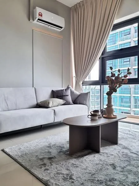 Living features: light grey fabric sofa, decorative cushions, round coffee table, area rug with soft texture, floor-to-ceiling windows, sheer curtains, wall-mounted split AC, decorative vase with flowers, neutral wall color, modern design, laminate flooring; style: modern; view: city.
