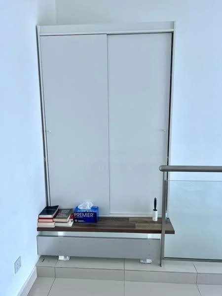 Room features: white sliding door cabinet, wooden bench, books on bench, box of tissues on bench, pen on bench, light-colored tiled flooring, glass railing; style: modern.