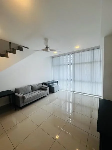 Living features: grey fabric sofa, 2-seater sofa, glass coffee table, black console table, white painted walls, glossy tile flooring, ceiling fan, floor-to-ceiling windows with vertical blinds, natural light, staircase leading to upper floor, recessed downlights; style: modern.