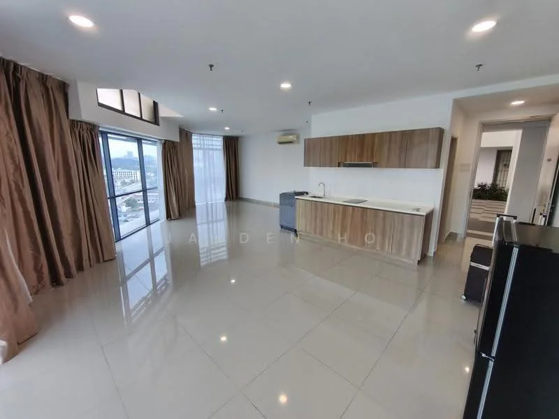 Living features: large floor-to-ceiling windows, white painted walls, glossy ceramic tile flooring, recessed downlights, air conditioning unit, curtains in brown fabric, open kitchen layout, kitchen island with countertop, wood cabinetry, stainless-steel fridge, stainless-steel sink, built-in oven, dishwasher, dining area space; style: modern; view: city.