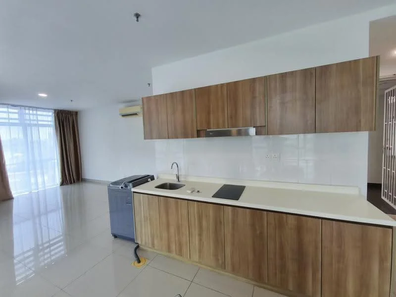Kitchen features: wood cabinetry, white countertop, single-bowl stainless-steel sink, chrome pull-down faucet, built-in oven, stainless-steel range hood, ceramic tile flooring, recessed downlights, floor-to-ceiling windows, curtains, washing machine; style: modern.