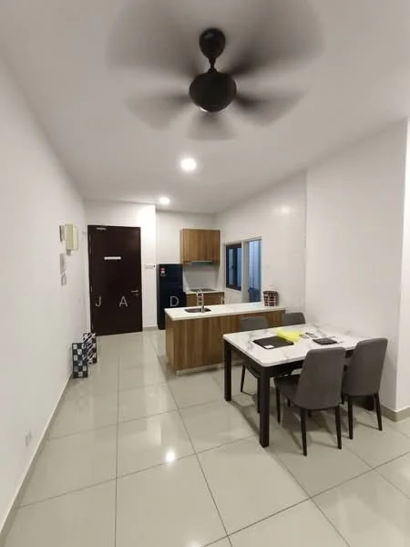 Kitchen features: white painted walls, glossy tile flooring, island kitchen with wooden cabinetry, stainless-steel sink, chrome pull-down faucet, built-in oven, freestanding range oven, refrigerator, pendant light, 5-blade ceiling fan, window with view, open layout to dining area; style: modern. Dining features: 6-seater dining table, upholstered dining chairs, decorative placemats, wall-mounted light fixture; style: modern.