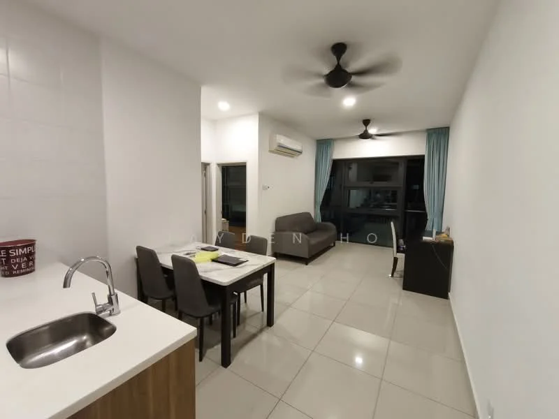 Living features: grey fabric sofa, 2-seater sofa, ceiling fan, dining table with 4 chairs, white walls, tile flooring, floor-to-ceiling windows, curtains, air conditioning unit, light fixture; style: modern.