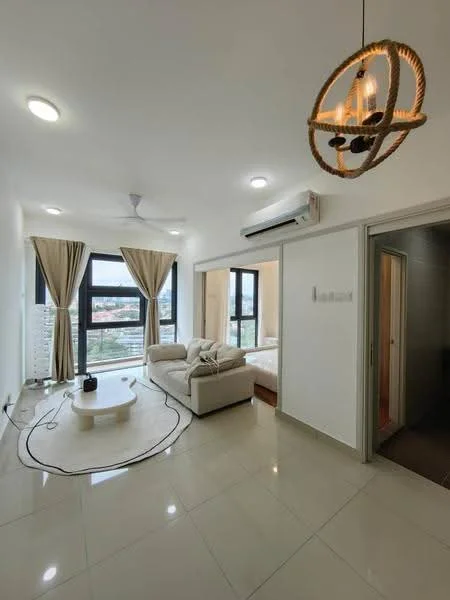Living features: 3-seater fabric sofa in light beige, round coffee table, ceiling fan with light, recessed downlights, floor-to-ceiling windows, sheer curtains, white painted walls, glossy tile flooring, air conditioning unit, decorative light fixture; style: modern; view: city. Room features: doorway leading to bedroom, neutral wall color, carpeted flooring.