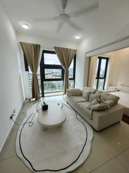 Living features: cream painted walls, white ceiling, 5-blade ceiling fan with light, floor-to-ceiling windows, sheer curtains, beige fabric sofa, coffee table, area rug with oval shape, tile flooring, decorative wall, outdoor view; style: modern; view: city.
