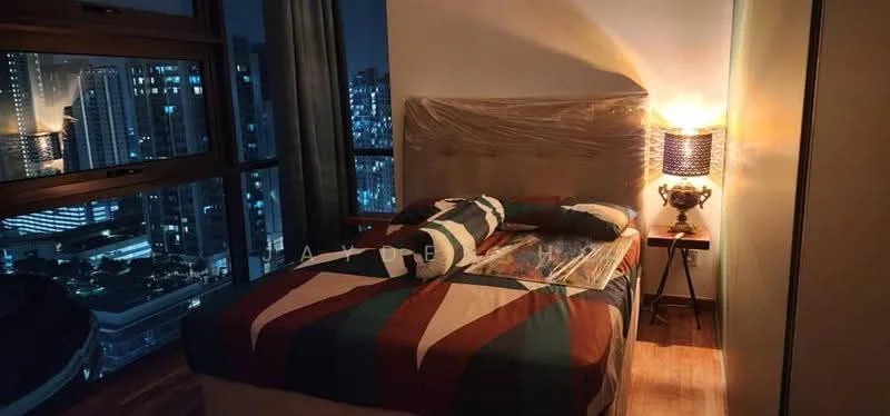 Bedroom features: king-size bed, upholstered headboard, decorative bedside lamp, wooden flooring, floor-to-ceiling windows, curtains, city skyline view, colorful patterned bedding; style: modern; view: city.