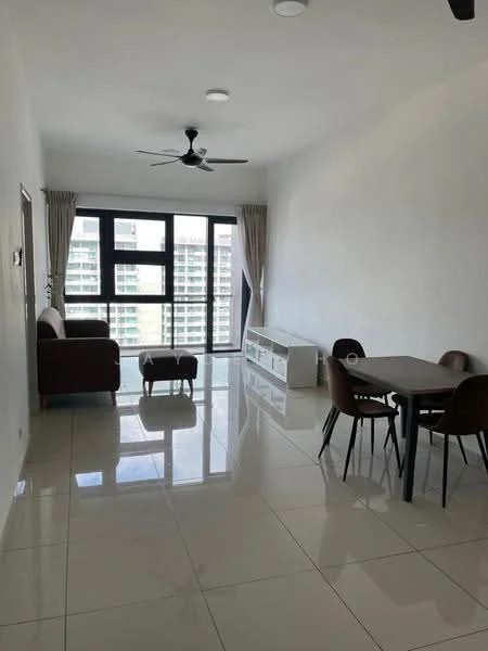 Living features: white painted walls, glossy porcelain tile flooring, 5-blade ceiling fan with light, floor-to-ceiling windows, sheer curtains, brown fabric sofa, wooden coffee table, white TV console, 4-seater dining table, upholstered dining chairs; style: modern; view: city.
