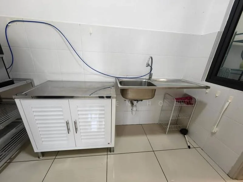 Kitchen features: stainless-steel sink, single-bowl stainless-steel sink, chrome faucet, stainless-steel countertop, white cabinetry with louvered doors, floor tiles in cream, wall tiles in white, open shelving, window with black frame; style: modern.