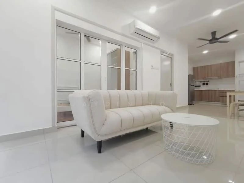 Living features: cream upholstered sofa, white coffee table with wireframe design, grey tiled flooring, white painted walls, recessed ceiling lights, 5-blade ceiling fan, wall-mounted split AC, glass sliding doors, open-plan layout to kitchen, decorative wall art; style: modern.