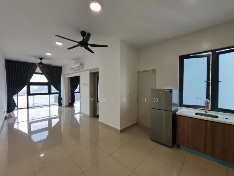 Living features: floor-to-ceiling windows, grey curtains, 2 ceiling fans, wall-mounted air conditioning unit, glossy tile flooring, recessed downlights, open layout, kitchenette with sink, stainless-steel fridge; style: modern; view: city.