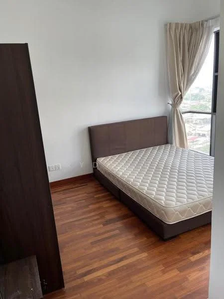Bedroom features: queen-size bed, wooden flooring, floor-to-ceiling window, sheer curtains, brown upholstered headboard, wooden bedside table, decorative wall, neutral wall color; style: modern; view: city.
