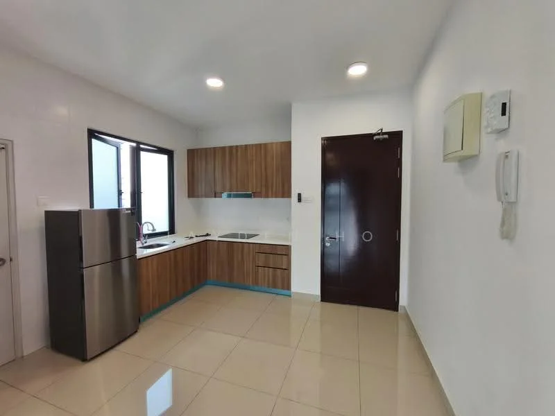 Kitchen features: brown wooden cabinetry, white countertop, single-bowl stainless-steel sink, chrome pull-down faucet, built-in stove, stainless-steel fridge, tile flooring, window with view, recessed downlights, wall-mounted electrical panel, door to hallway; style: modern.