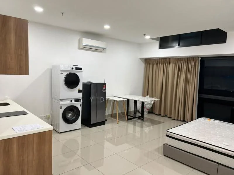 Room features: white painted walls, tile flooring, 1 wall-mounted split AC, 1 front-load washing machine, 1 tumble dryer, 1 fridge, 1 dining table, beige curtains, black window with view, mattress on bed frame, kitchen countertop, wood cabinetry; style: modern.
