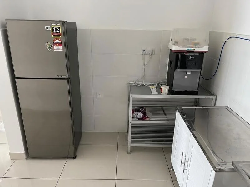 Kitchen features: stainless-steel fridge, built-in coffee machine, metal shelving unit, white cabinet with sliding doors, white tiled walls, white tiled flooring, countertop, electrical outlets; style: modern.